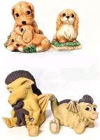 2 Vintage WOODLANDER Mere Side Art England Hand Painted Stoneware "Goldie" + "Scamp" Puppy Figures & 2 KRYSTONIA English Dragon Figures "Koozl" & "Twilyght", Up To 3.74" Tall, No Chips or Cracks