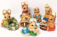 6 Vintage WOODLANDER Mere Side Art England Hand Painted Stoneware Bunny Figures Up To 5" Tall, One Figure Has Thin Chips Noted