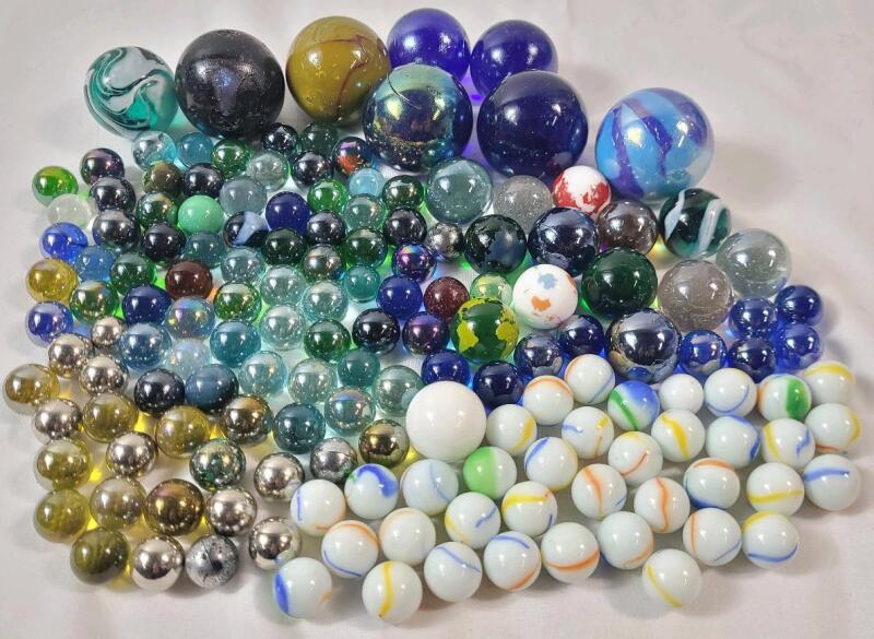 Glass Marble Lot . Various Sizes & Color . Includes 20mm Green World Marble