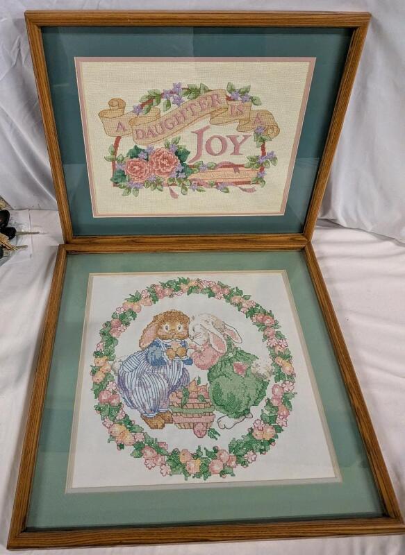 2 Vintage Cross-stitch/Stitchwork. Largest Measures 19" by 19"