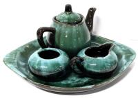 Vintage Signed BLUE MOUNTAIN POTTERY Canada Tea Set : Tea Pot, Sugar, Creamer & Platter, Up To 4.8" Tall, No Chips or Cracks