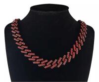 Iced Out Garnet Red Rhinestone Cuban Link Necklace & Bracelet Set Double safety clasps Box Clasp Dark Gun Metal back Sizes in description Stock photos added