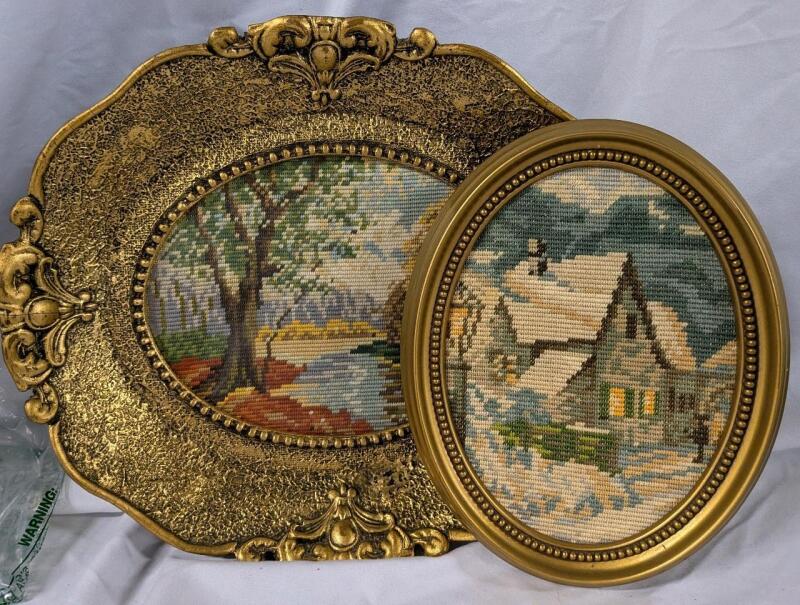 2 Vintage Framed Stitchwork. Largest Measures 13" Wide