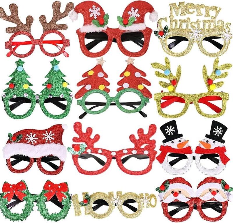 12 New O/S Novelty Glitter Christmas Glasses (Lensless)
