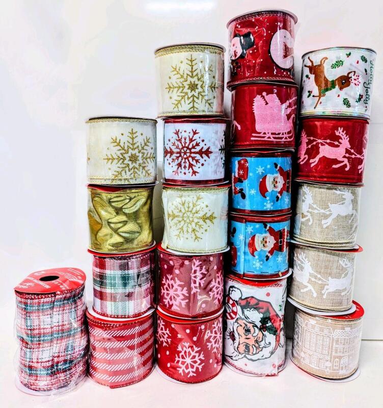 20 New Rolls of Holiday Christmas Fabric Ribbon. See Photos For Sizes