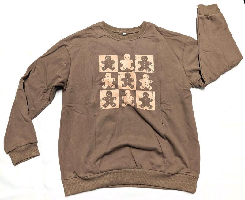 New Size LG Women's Retro Checkered Gingerbread Man Nursing Sweater With Dual Side Zippered Access