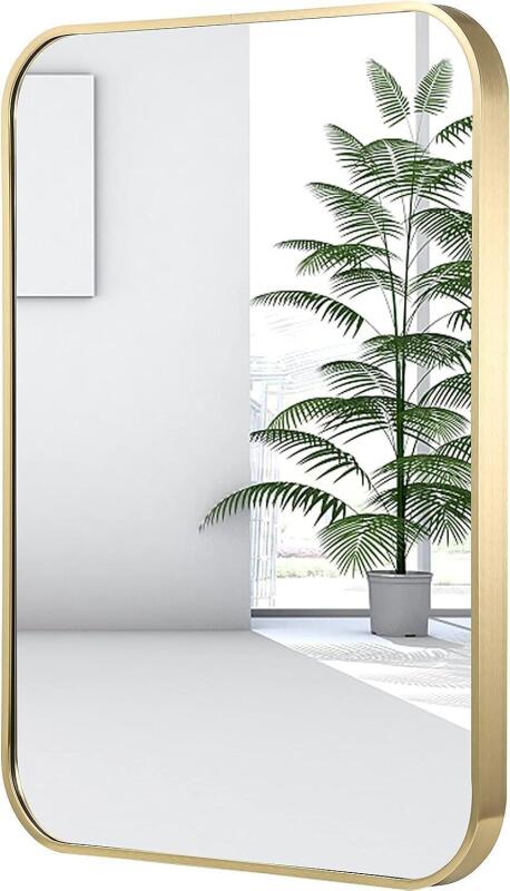 New JENBELY Brushed Gold Mirror, 20"x28" Rectangle Bathroom Mirror, Metal Frame Rectangle Corner Vanity Mirror, Wall Mounted Mirror for Modern, Living Room, Bedroom, Horizontal Or Vertical