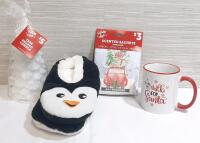 Lot of Holiday Indoor Products, Including Mug, Candle, Scented Sachets & Penguin Slippers