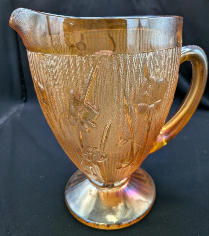 Vintage Unsigned Jeannette Iris & Herringbone Marigold Carnival Glass Water Pitcher. 9" Tall