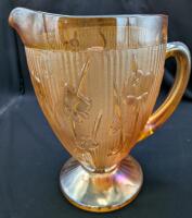 Vintage Unsigned Jeannette Iris & Herringbone Marigold Carnival Glass Water Pitcher. 9" Tall