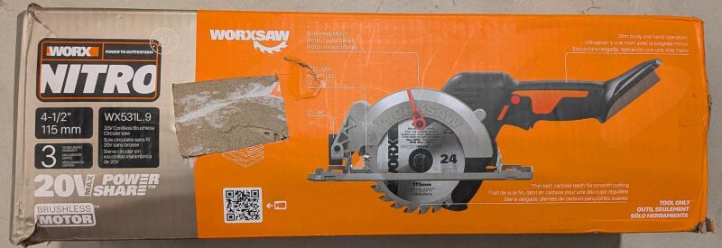 As New WORX WX531L.9 WORKXSAW Nitro 20V Power Share Cordless Compact Circular Saw, Tool Only, 4.5". Retails for $150