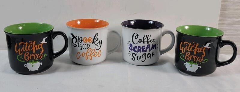 Four (4) New 14oz Halloween Coffee Mugs .