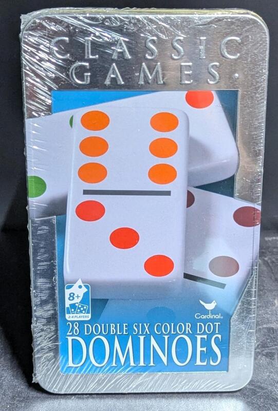 New Cardinal Classic Games Metal Collectors Case DOMINOES, 28 Double Six Color Dot