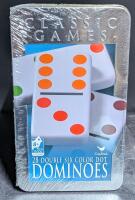 New Cardinal Classic Games Metal Collectors Case DOMINOES, 28 Double Six Color Dot