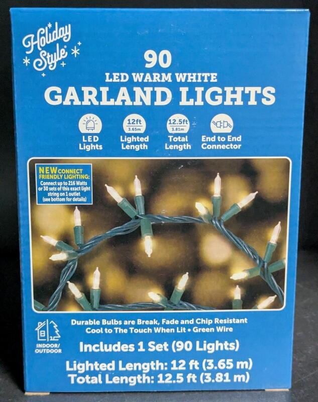 New 90 LED Warm White Green Wire Garland Lights, Indoor Outdoor, 12.5ft Total Length