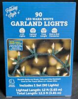 New 90 LED Warm White Green Wire Garland Lights, Indoor Outdoor, 12.5ft Total Length