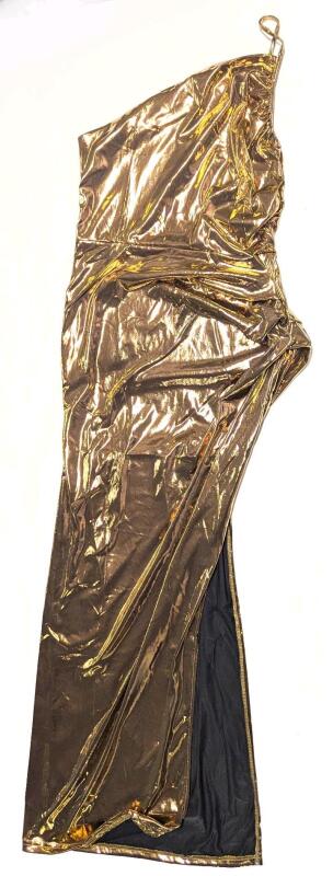 New Size LG Women's Super Metallic Gold Asymmetrical Single-Strap Cocktail Dress With Ruching On One Side, Zipper On Opposite Side