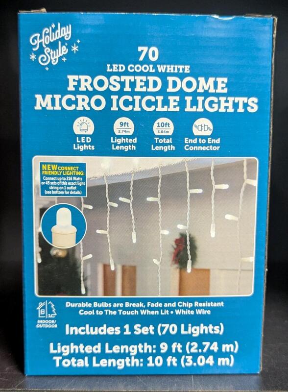 New 70 LED Cool White Frosted Dome Micro Icicle Lights, Indoor Outdoor, 10ft Total Length