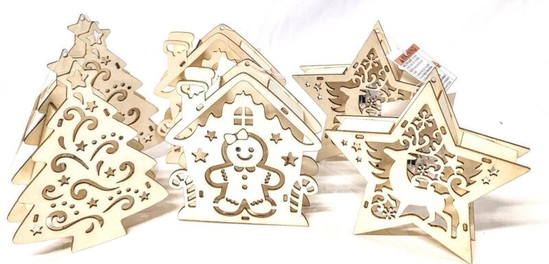 6 New Laser-Cut Light-Up Wood Trees, Gingerbread Houses & Stars Up To 5.5"