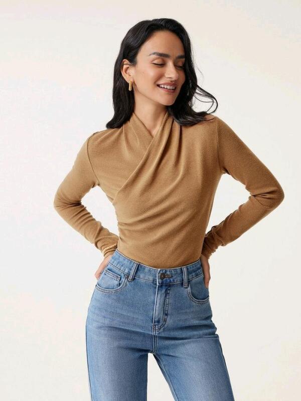 New Size SM Women's OGL Surplice Long Sleeve Top (Cinnamon Buff), Retails Over $50
