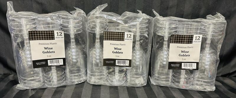 3 New Packs of 12 Plastic Wine Goblets (36 Total, 5oz Each) - Great for Christmas Parties!