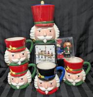 New Porcelain Nutcracker Kitchen: 4&times; 651ml Coffee Mugs, Set of 4 Coasters, Salt & Pepper Shakers & 8.5" Tall Cookie Jar (Thin Chip in Hat Rim of Jar, Crazing Present)