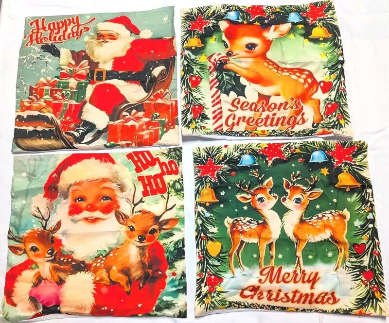 4 New Zippered Retro Christmas Print Throw Pillow Covers, 17" &times; 18"