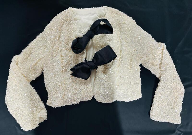 New Women&rsquo;s Large Cropped Sequin Jacket with Oversized Ribbon Tie Closures