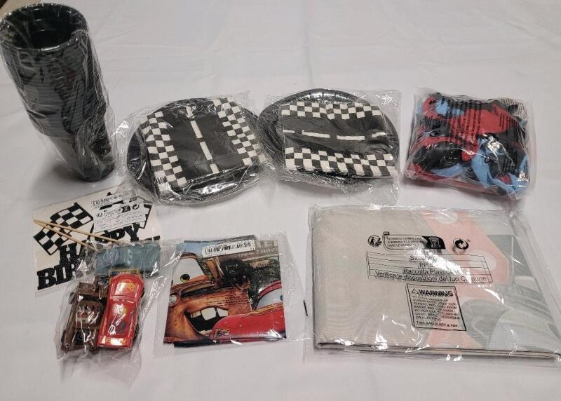 Disney CARS / Racing Birthday Decorations . Cups , Plates , Cars , Flag , Balloons , Table Cloth plus more