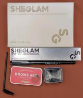 New SHEGLAM Boss Brow Waterproof Pomade 3.5g (Ebony) & Uninterrupted Waterproof Liquid Eyeliner, Brows Art Eyebrow Soap (Strawberry, Exp 2027), Misslyn Intense Color Liner 59, Pencil Sharpener