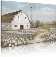 New Barn Prints Farmhouse Old Barn Wall Art Handpainted Barn Painting Barn and Flowers Wall Decor Rustic Bedroom Wall Decor Farmhouse Barn Windmills Art for Bathroom Bedroom Living Room Framed Ready to Hang(24"x 16" )