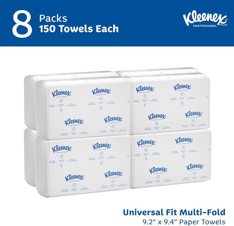 New Kleenex Professional Universal Multifold Paper Towels, Bulk (02046), Absorbency Pockets, 9.2" x 9.4" Towel, White (150 Sheets/Pack, 8 Packs/Case, 1,200 Sheet Total)