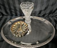 Home Decor Lot. Platter 18.5" Pinwheel Crystal Vase, and Ailverplat Scallop Server.