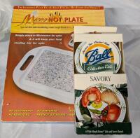 Kitchen supplies lot. 1 As New Micro zhot zplate Thermal Insulating Stone and 6 Wide Mouth Done Lids with Screw Bands.