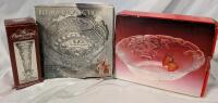 3 Pieces of Crystal In Box. Byrdes Collection Bud Vase (7" Tall), Flora Collection Footed Fruit Bowl (8.5" Diameter) and Mikasa Holiday Bells Oval Bowl. (10")