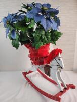 Wooden Rocking Horse Plant Stand w/Faux Blue Poinsettia . Measures 19"&times;25"