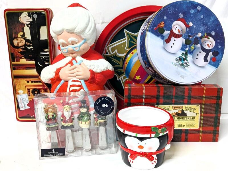 Vintage 13" Tall Handpainted Ceramic Mrs Claus Figure, Russell Stover ELVIS Tin, Christmas Tins & Plate, 4" Tall Holiday Penguin Planter, Holiday Spreader Knives Set