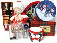 Vintage 13" Tall Handpainted Ceramic Mrs Claus Figure, Russell Stover ELVIS Tin, Christmas Tins & Plate, 4" Tall Holiday Penguin Planter, Holiday Spreader Knives Set
