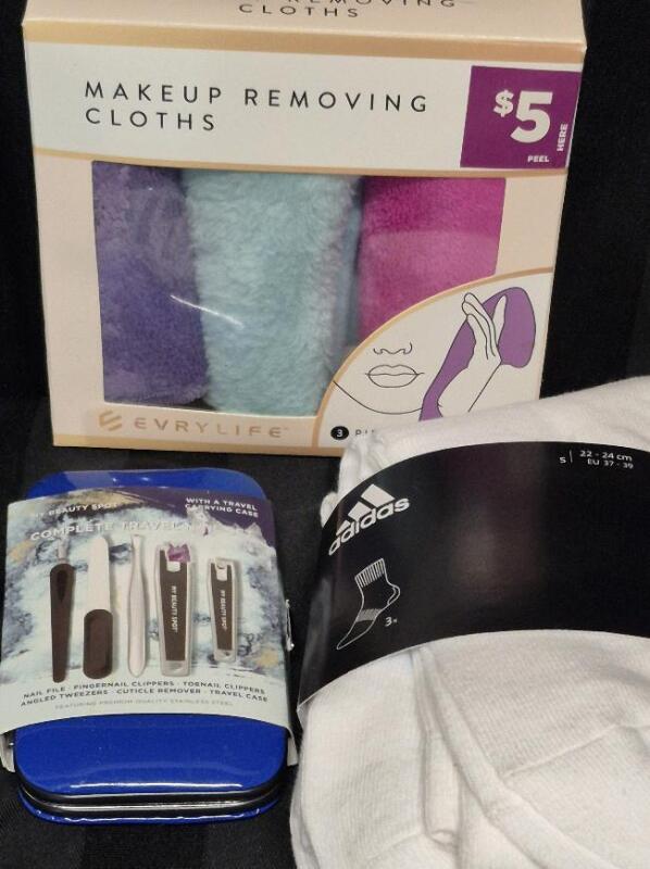 New Women's Beauty Accessories - sz 37-39 Adidas Socks, Travel Nail Set & 3 Makeup Removing Cloths
