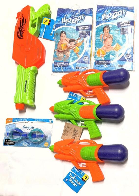 New Kid's Water Fun: 2&times; Ages 3-6 Inflatable Armband Water Wings, Child-Size Swim Goggles & 4 Water Guns (3&times; Tank Water Blasters, 1&times; 17" Long Gargoyle Pump Blaster)