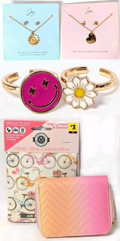 2 New Pierced Stud Earrings & Necklace Sets (Joy & Love), 2&times; O/S Fidget Spinner Rings, Gradient Zippered Wallet & 2-Pack Tropical Floral Coconut Air Freshener Sachet