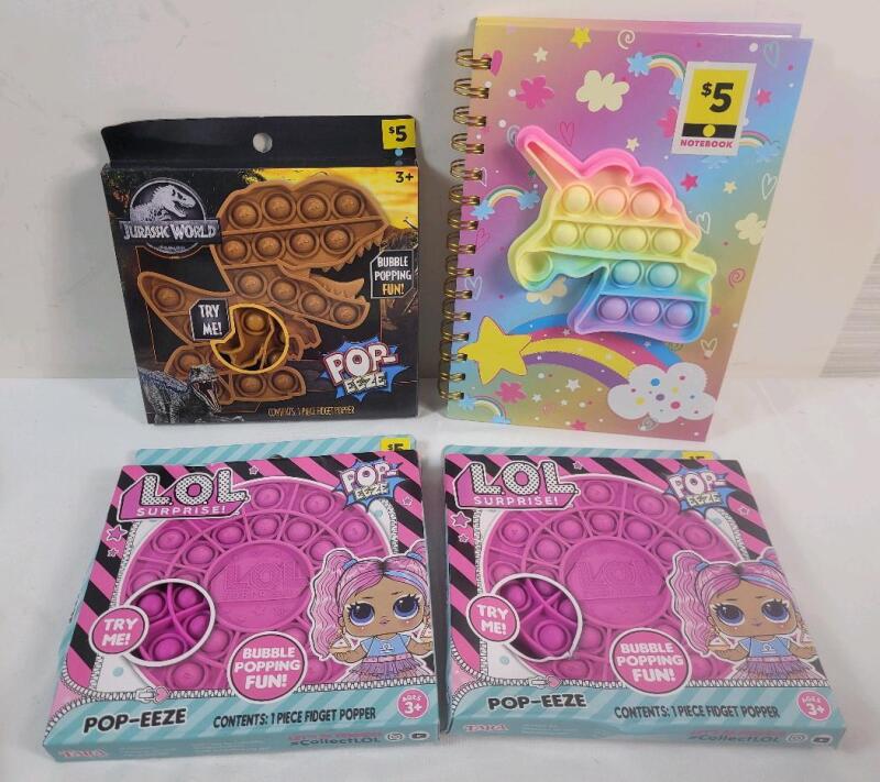 New - Preteen Activity Lot . Unicorn Nptebook , 2 L.O.L. Pop-Eeze & Jurassic World Pop-Eeze
