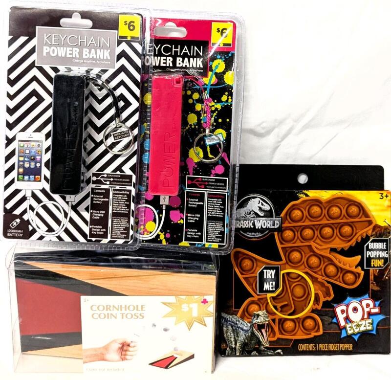 2 B42 1200mAH USB-A & Micro USB Keychain Power Banks + Mini Cornhole Coin Toss & Jurassic World Pop-Eeze Fidget Popper