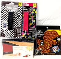 2 B42 1200mAH USB-A & Micro USB Keychain Power Banks + Mini Cornhole Coin Toss & Jurassic World Pop-Eeze Fidget Popper