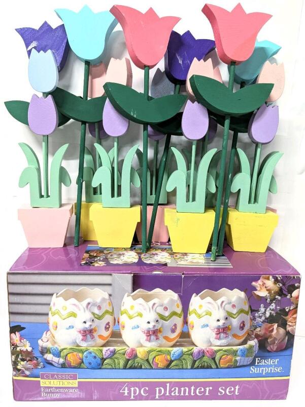 New Easter Surprise 4pc Planter Set Approx 3" Tall With Drainage Holes & 8 Wooden 10" Potted Tulip Figures & 5 Wooden 12.5" Tulips