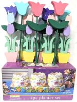 New Easter Surprise 4pc Planter Set Approx 3" Tall With Drainage Holes & 8 Wooden 10" Potted Tulip Figures & 5 Wooden 12.5" Tulips