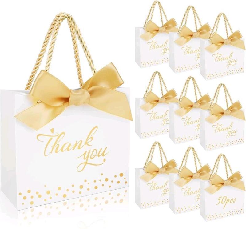 New 50-Pack SHAIDOJIO Thank You Gift Bags with Handle, Mini Gift Bag Candy Boxes Bulk with Bow Ribbon, Small Party Favor Box for Wedding, Birthday, Bridal Shower, Baby Shower (White, 5.5" &times; 2.5" &times; 4.7")