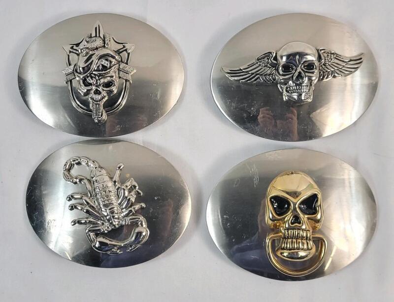 Four Skull & Scorpion Belt Buckles . Each measures 5 ⅛"&times;3 ⅞"