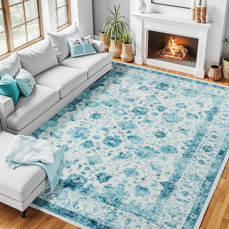 New 9x12 Zentavio Blue Washable Area Rugs, Vintage Non-Slip Floral Living Room Rug, Indoor Foldable Floor Thin Low Pile Carpet for Farmhouse Bedroom Dining Room