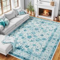New 9x12 Zentavio Blue Washable Area Rugs, Vintage Non-Slip Floral Living Room Rug, Indoor Foldable Floor Thin Low Pile Carpet for Farmhouse Bedroom Dining Room